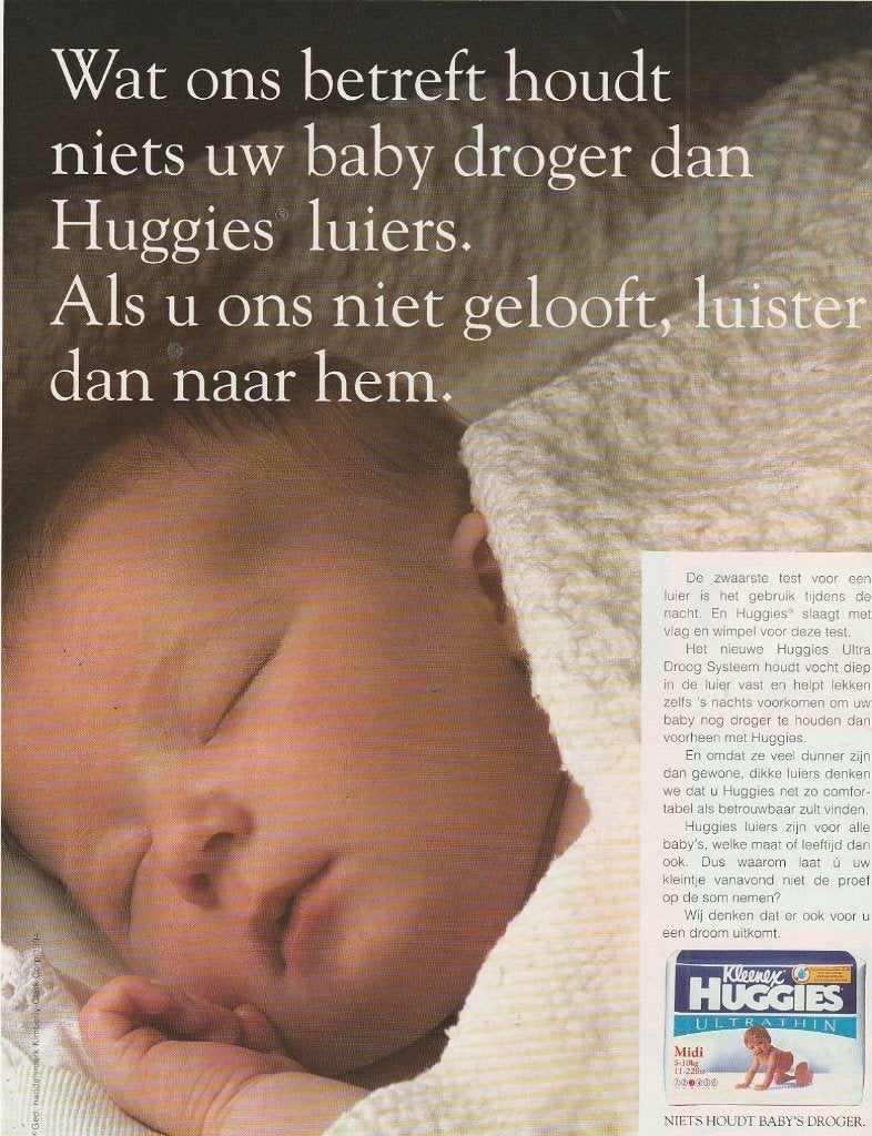 Retro reclame 1995 Huggies baby luiers luister naar hem, Verzenden, Overige typen