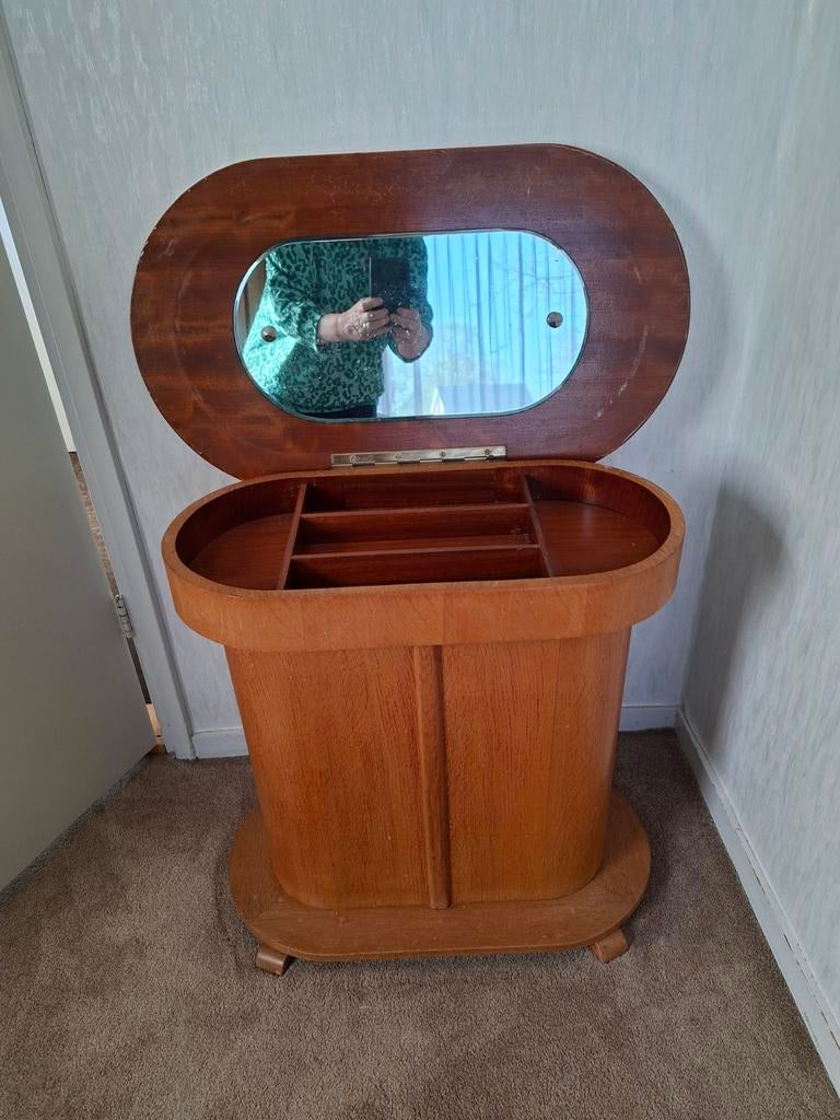 Vintage kaptafel/bijzettafel met spiegel en opbergvakken, Ophalen, Gebruikt, Minder dan 100 cm, Hout