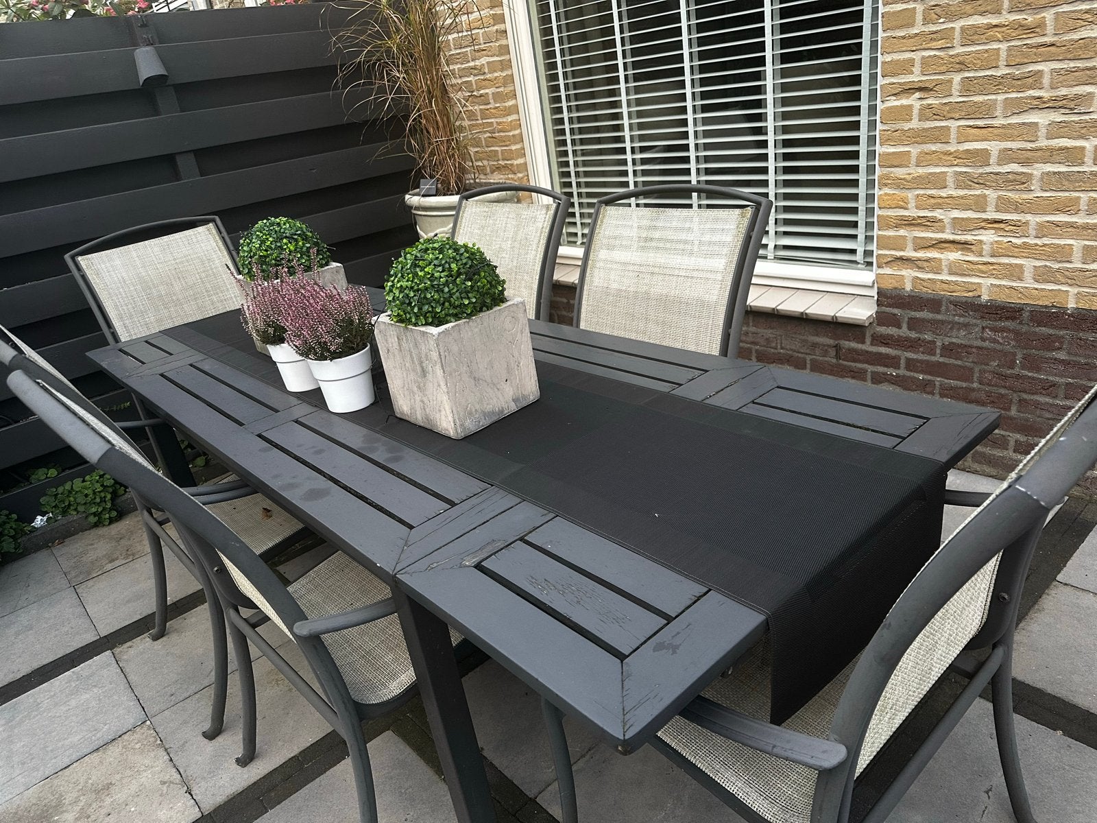 Moderne tuintafel met 6 stoelen - Grijs/Zwart, Ophalen, Gebruikt, Rechthoekig, Metaal