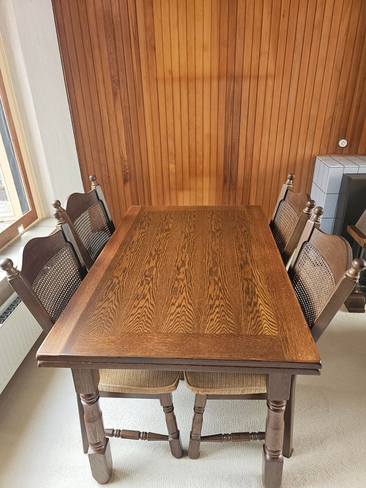 Eikenhouten eettafel met 4 stoelen, Ophalen, Gebruikt, 100 tot 150 cm, Eikenhout