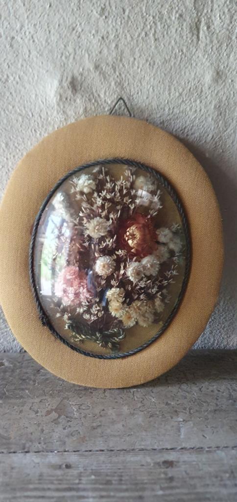 Retro ovaal lijst met bol glas en droogbloemen uit frankrijk, Ophalen of Verzenden