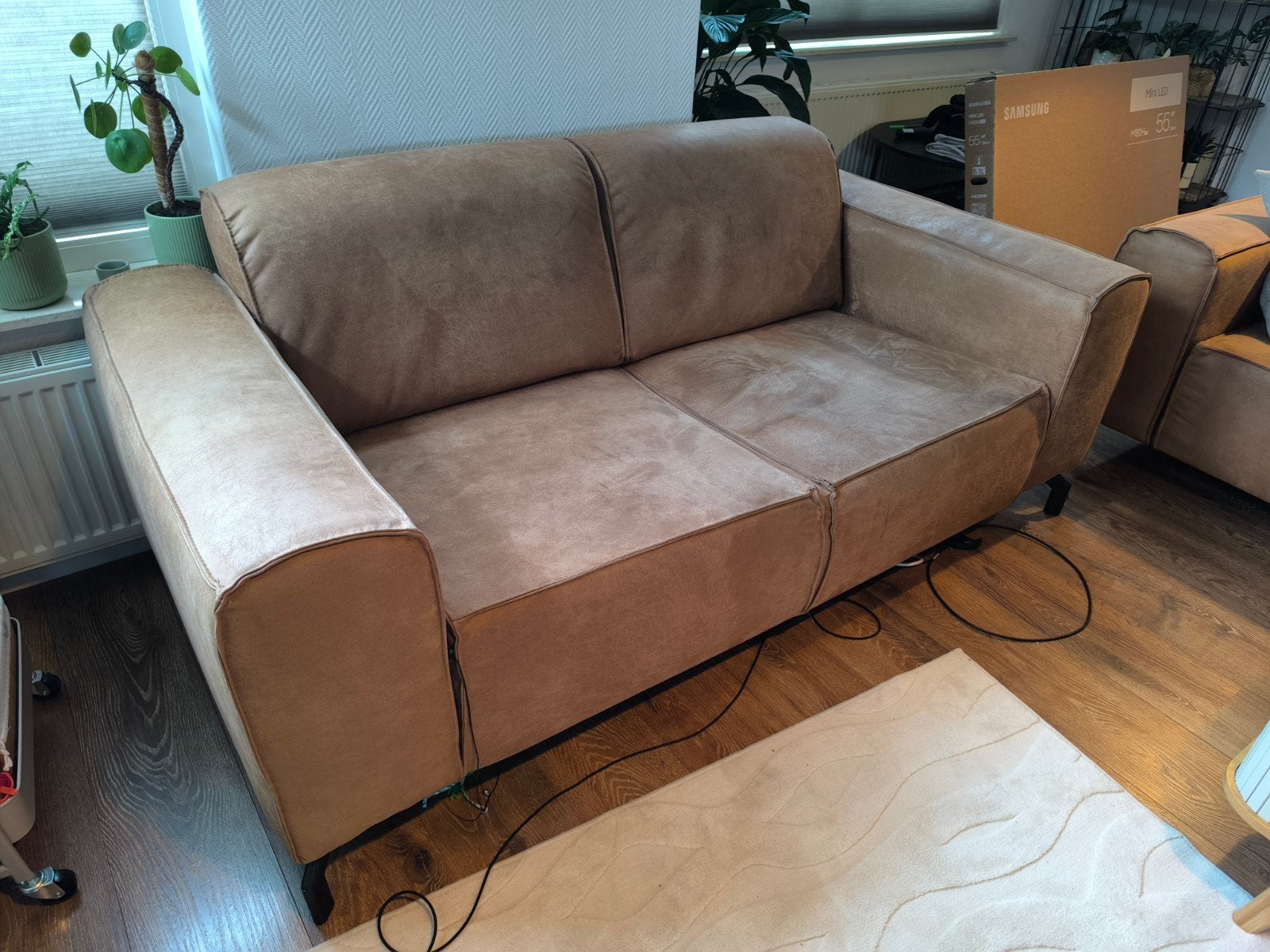 2- en 3-zitsbanken Leen Bakker – suède stof – set, Huis en Inrichting, Ophalen, Gebruikt, 75 tot 100 cm, Stof