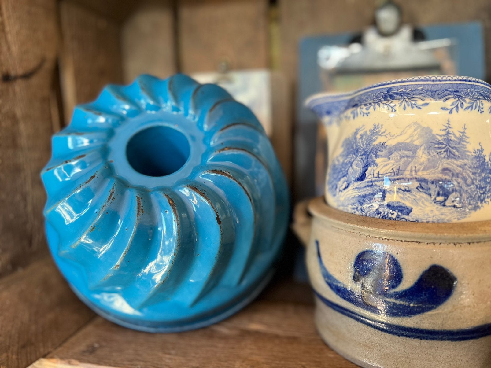 Frans blauw emaille tulband cakevorm keukendecoratie, Antiek en Kunst, Ophalen