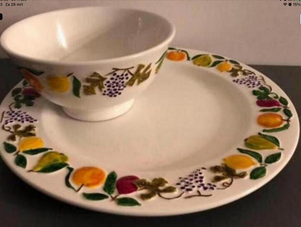 Grote oliebollenschaal met suikerbakje, fruitdecor, Ophalen, Gebruikt, Porselein of Keramiek, Schaal