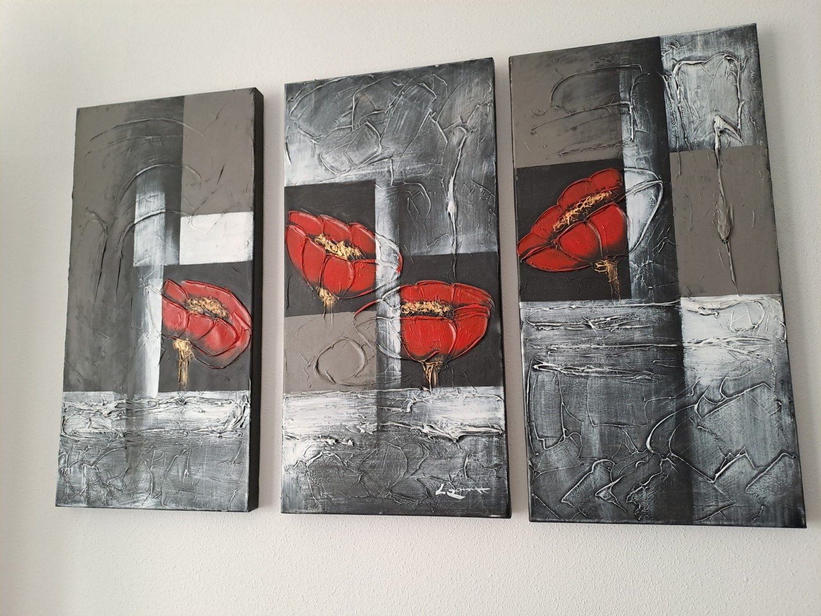 Modern drieluik schilderij met rode bloemen, Ophalen, Acrylverf, Bloemen, Op houten frame