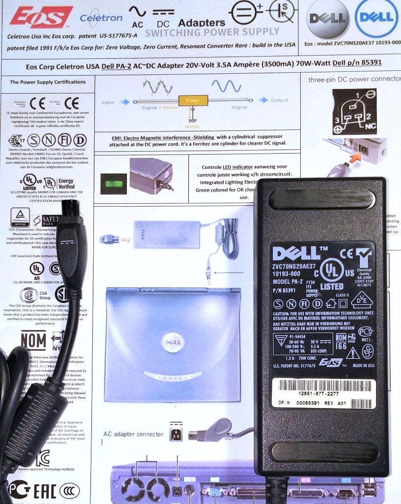 Dell PA-2 85391 Celetron EOS 20V 3.5A 70W 90W PEAK Adapter, Computers en Software, Laptop-opladers, Ophalen of Verzenden, Zo goed als nieuw