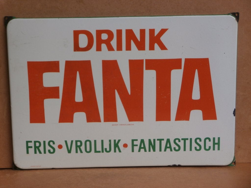 Fanta Orange emaillebord Langcat Bussum emaille bord 66x46cm, Verzamelen, Merken en Reclamevoorwerpen, Ophalen of Verzenden, Gebruikt