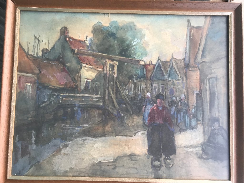 aquarel stadsgezicht volendam post impressionistisch, Antiek en Kunst, Impressionistisch, Ophalen of Verzenden, Aquarel, Origineel werk