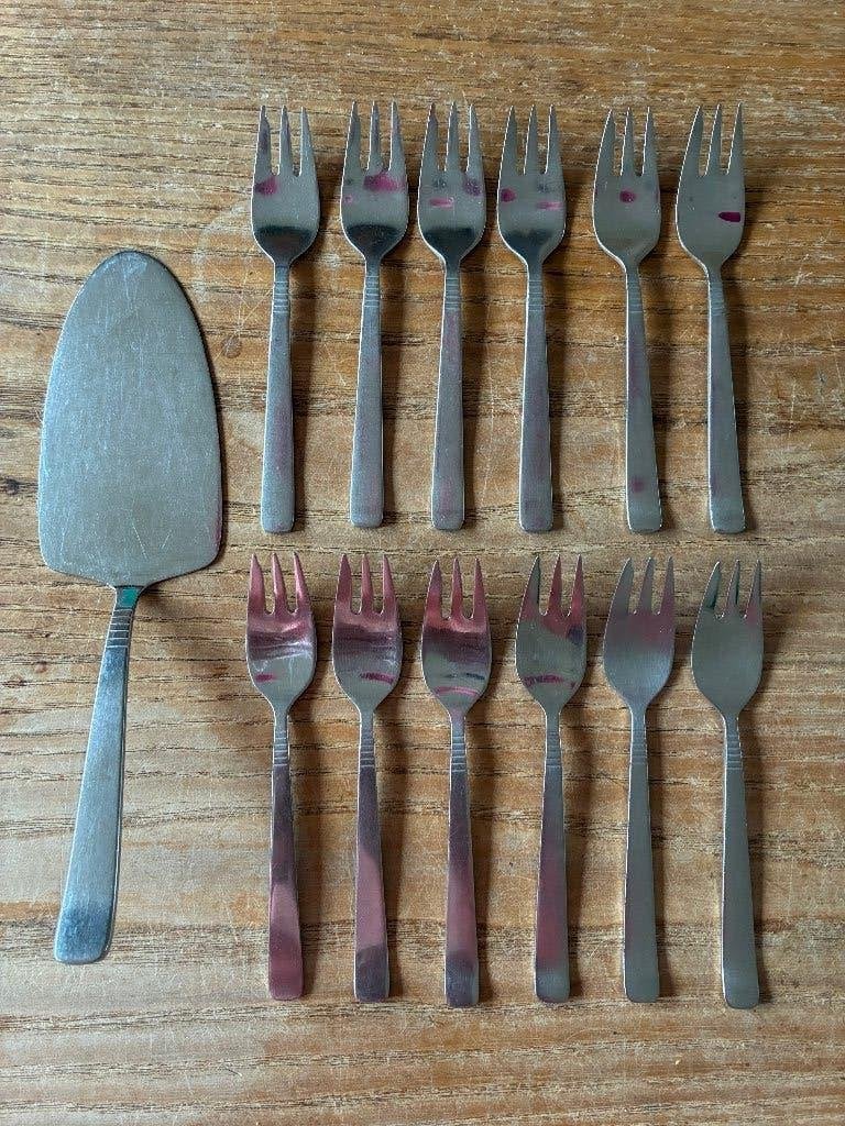 12 Vintage Gero Zilmeta 510 gebaksvorkjes + taartschep, Ophalen of Verzenden