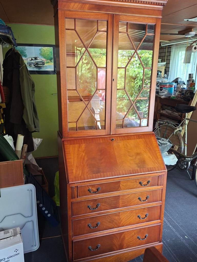 Antiek mahoniehouten secretaire met vitrinekast, Ophalen