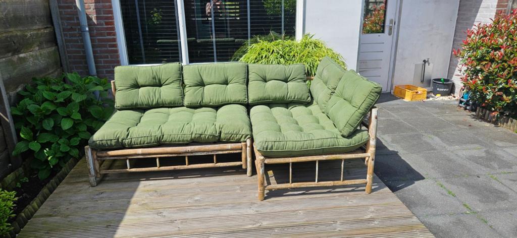 Bamboe tuin loungeset met groene palletkussens, Ophalen, 4 zitplaatsen, Gebruikt, Loungeset