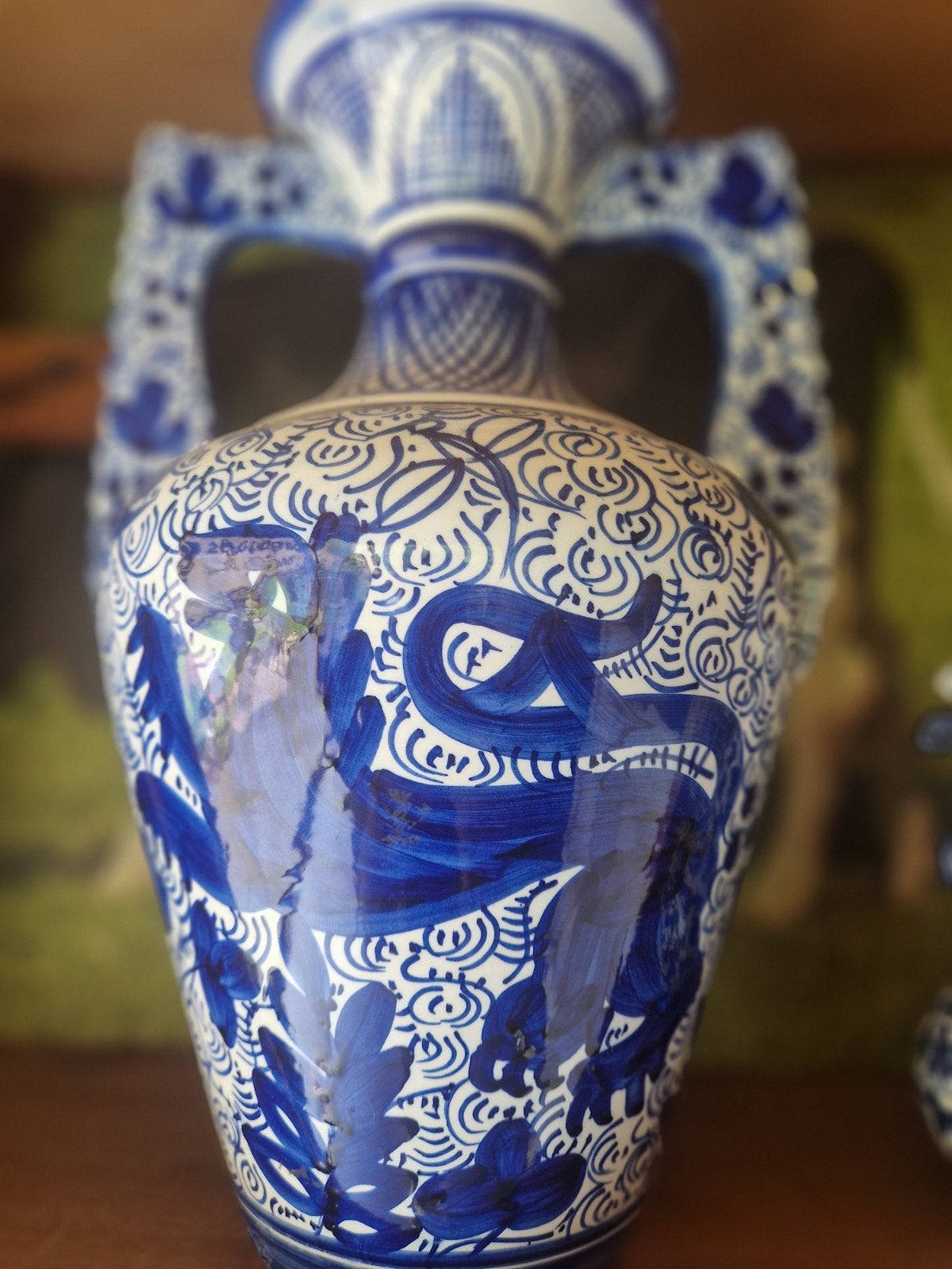 Handgeschilderde blauw-witte Amphora vaas, Ophalen