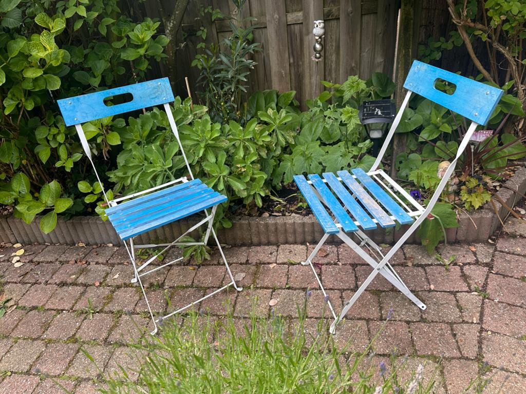 Set vintage inklapbare bistrostoelen Franse stijl, Tuin en Terras, Ophalen, Gebruikt, Hout, Inklapbaar