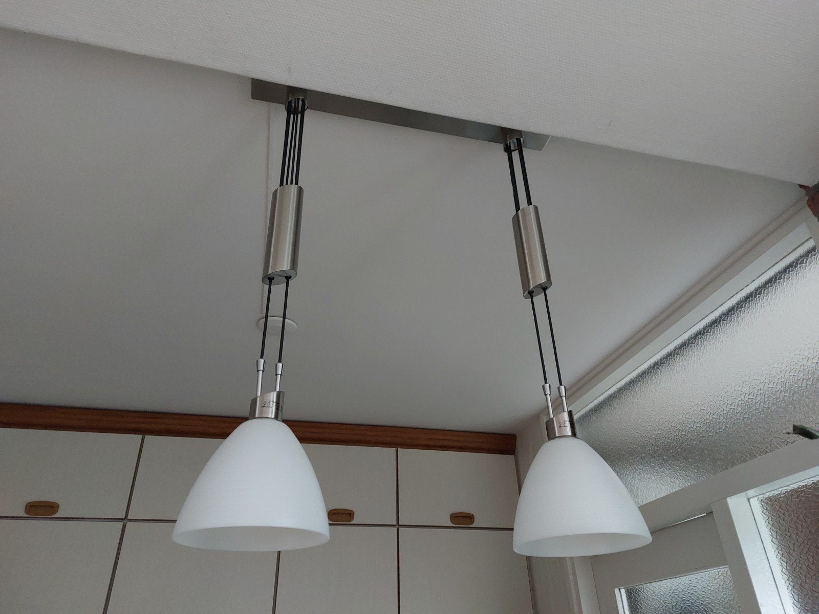 Moderne hanglampen set (2x 2-lichts, 1x 3-lichts), Ophalen, Gebruikt, E14 (klein), Glas
