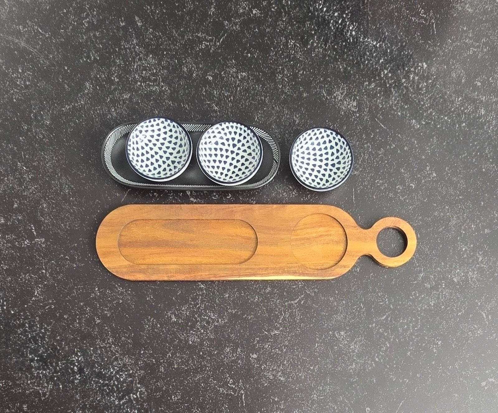 Tapas/Borrelplank met schaaltjes - Hout, Zwart, Wit, Blauw, Hout, Snij-/serveerplank, Ophalen of Verzenden, Zo goed als nieuw