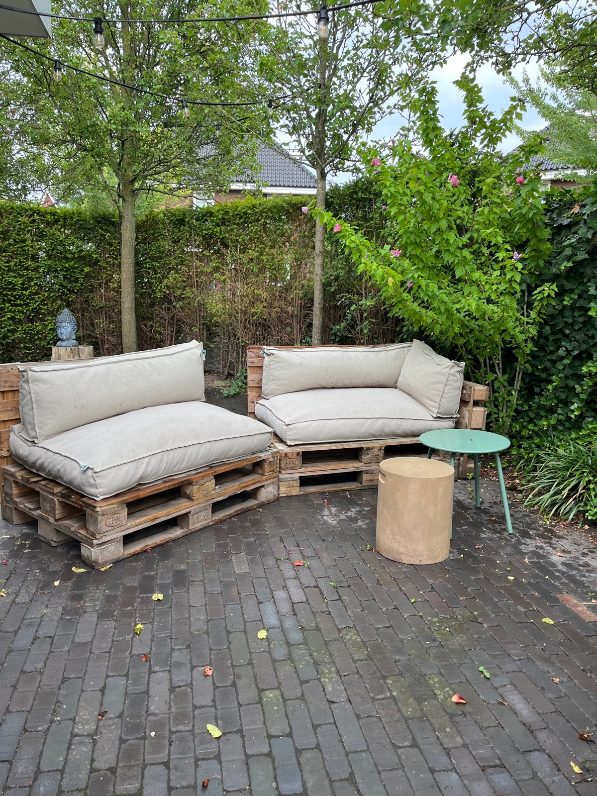 Pallet Loungeset met Kussens - Zo goed als nieuw, Ophalen, 4 zitplaatsen, Gebruikt, Loungeset