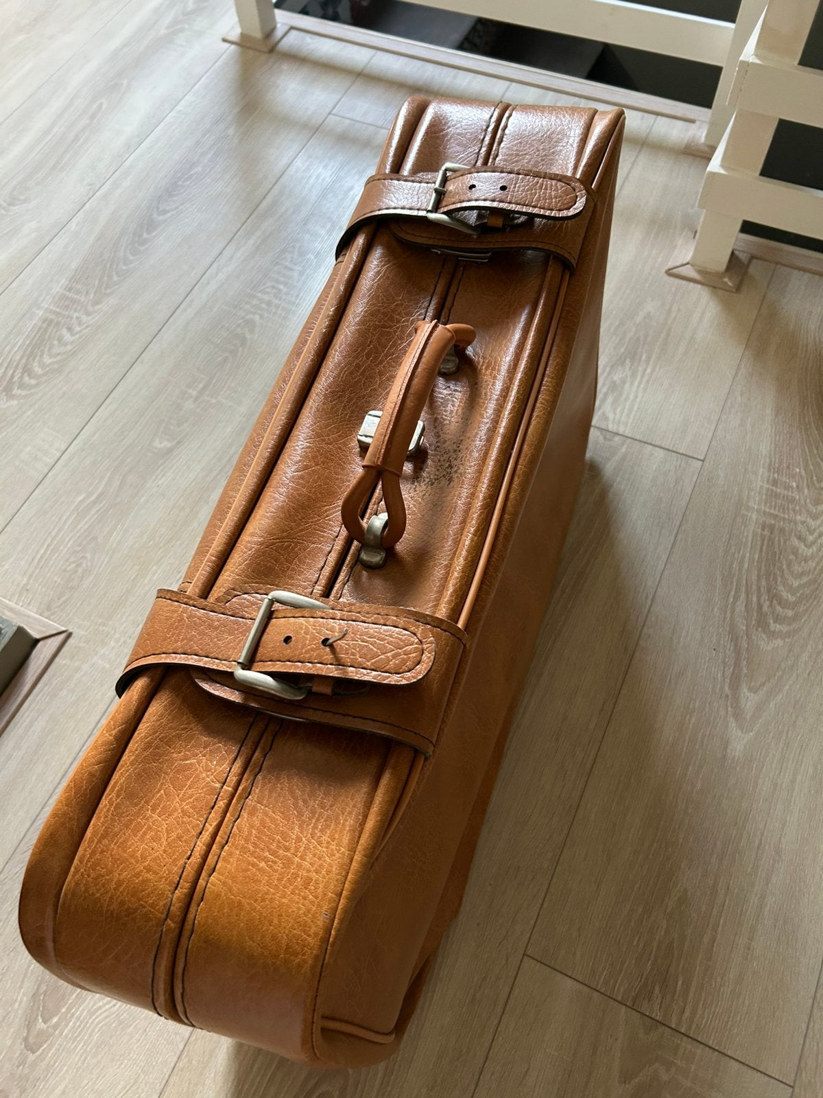 Vintage brocante koffer cognac leder in goede conditie, Ophalen, Zo goed als nieuw, Leer, Minder dan 50 cm