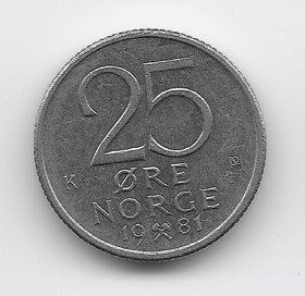 Noorwegen 25 øre 1981 KM# 417, Verzenden, Overige landen, Losse munt