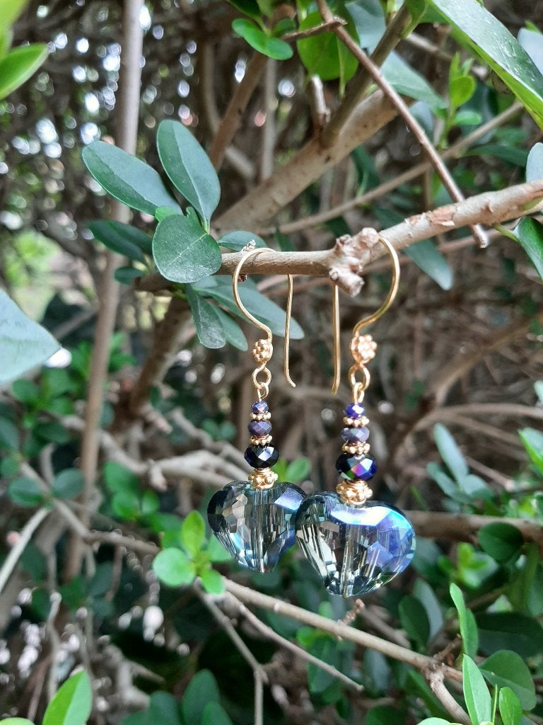 Oorbellen Love and Blue kristalglas-swarovski goud, Hangers, Blauw, Nieuw, Goud