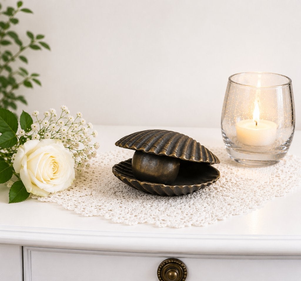 URN /SCHELP MET PAREL / ASURN / GRAFDECORATIE / BRONS, Nieuw, Info@huisentuindecoratiemarie.nl, Huis en tuin decoratie marie, Peize