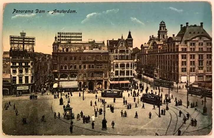 Amsterdam panorama Dam, kaart verzonden in 1915, Verzamelen, Verzenden, Voor 1920, Gelopen, Noord-Holland