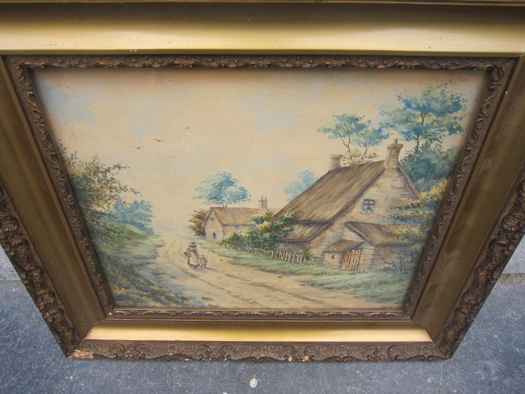 Mooie Romantische Aquarel met Huizen en vrouw met kind, Ophalen of Verzenden