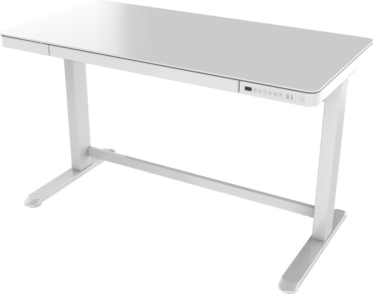 Zo goed als nieuw Zit/Sta bureau met USB en glazen blad, Zit-sta bureau, Ophalen of Verzenden, Wit, Glas