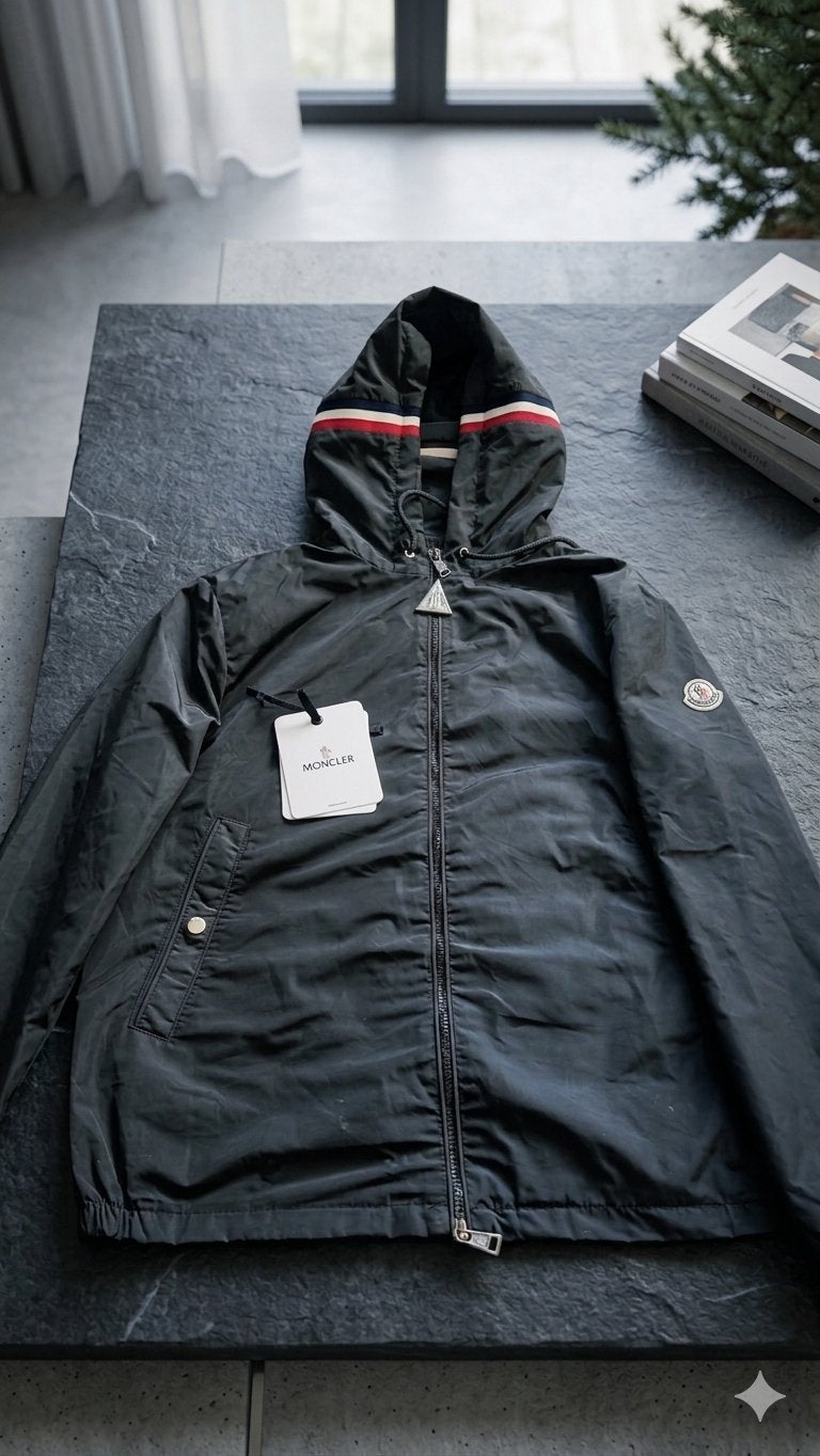 Moncler windbreaker jas met capuchon, Ophalen of Verzenden, Zo goed als nieuw, Maat 48/50 (M), Zwart