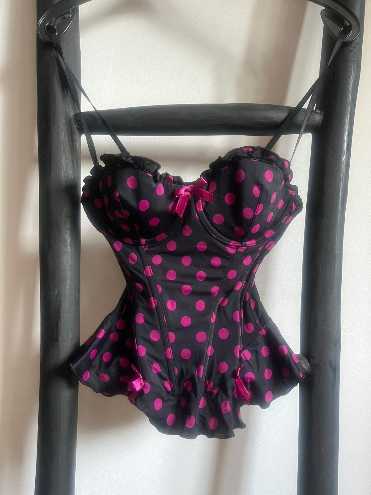 H&M zwarte roze stippen bustier corset top 75B polkadot, Verzenden, Zwart, Body of Korset