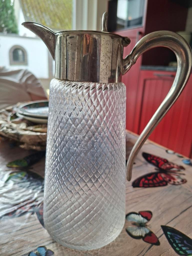 Vintage glazen karaf met verzilverde dop en handvat, Antiek en Kunst, Antiek | Glas en Kristal, Ophalen