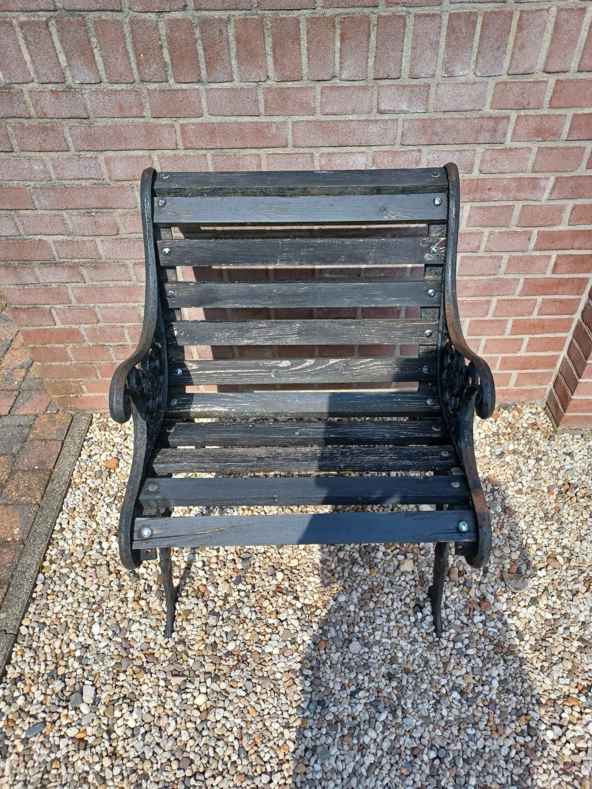 ❤️️ zwarte gietijzeren met houten tuinstoel sierlijk, Ophalen, Gebruikt, Hout