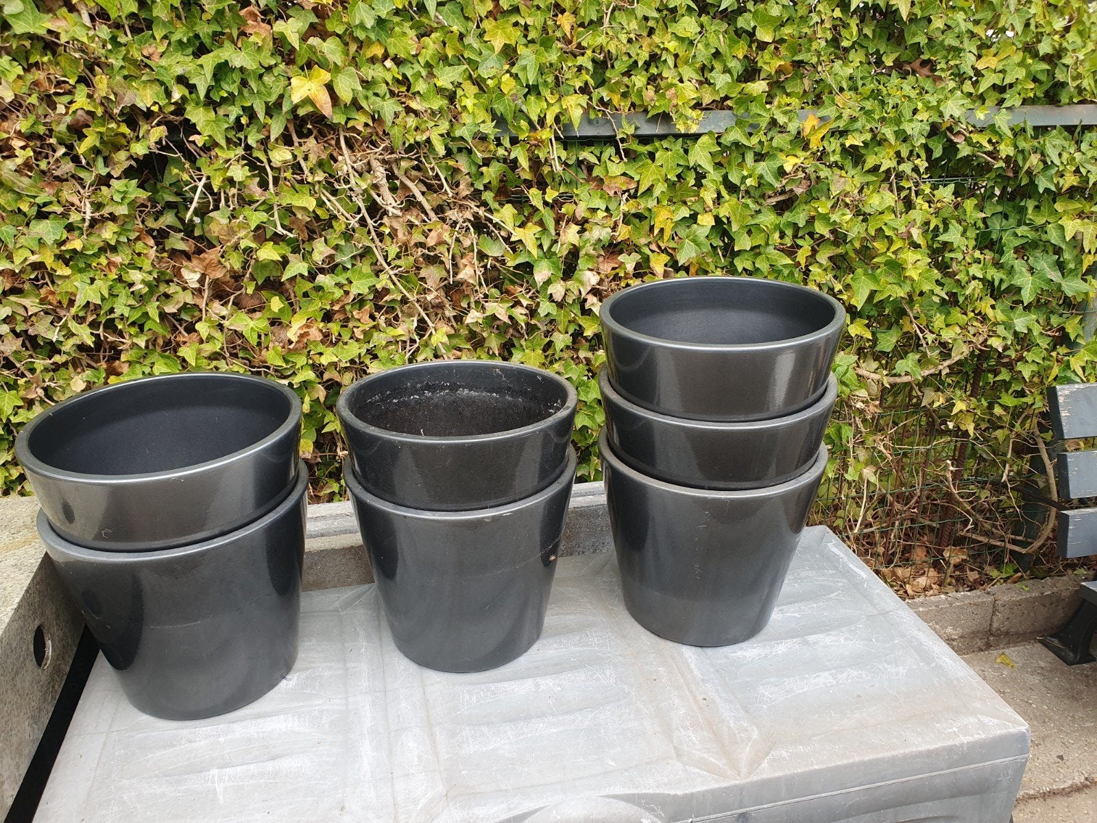 7x antraciet grijze bloempotten geglazuurd, Ophalen, Steen, Minder dan 30 cm, Rond