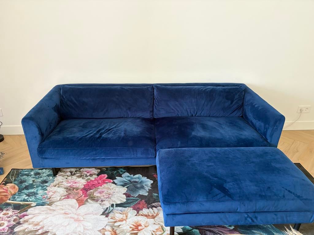 By Sidde - Frode 3-Zits Bank + Hocker - Blauw Velours, Ophalen, Gebruikt, Driepersoons, 75 tot 100 cm