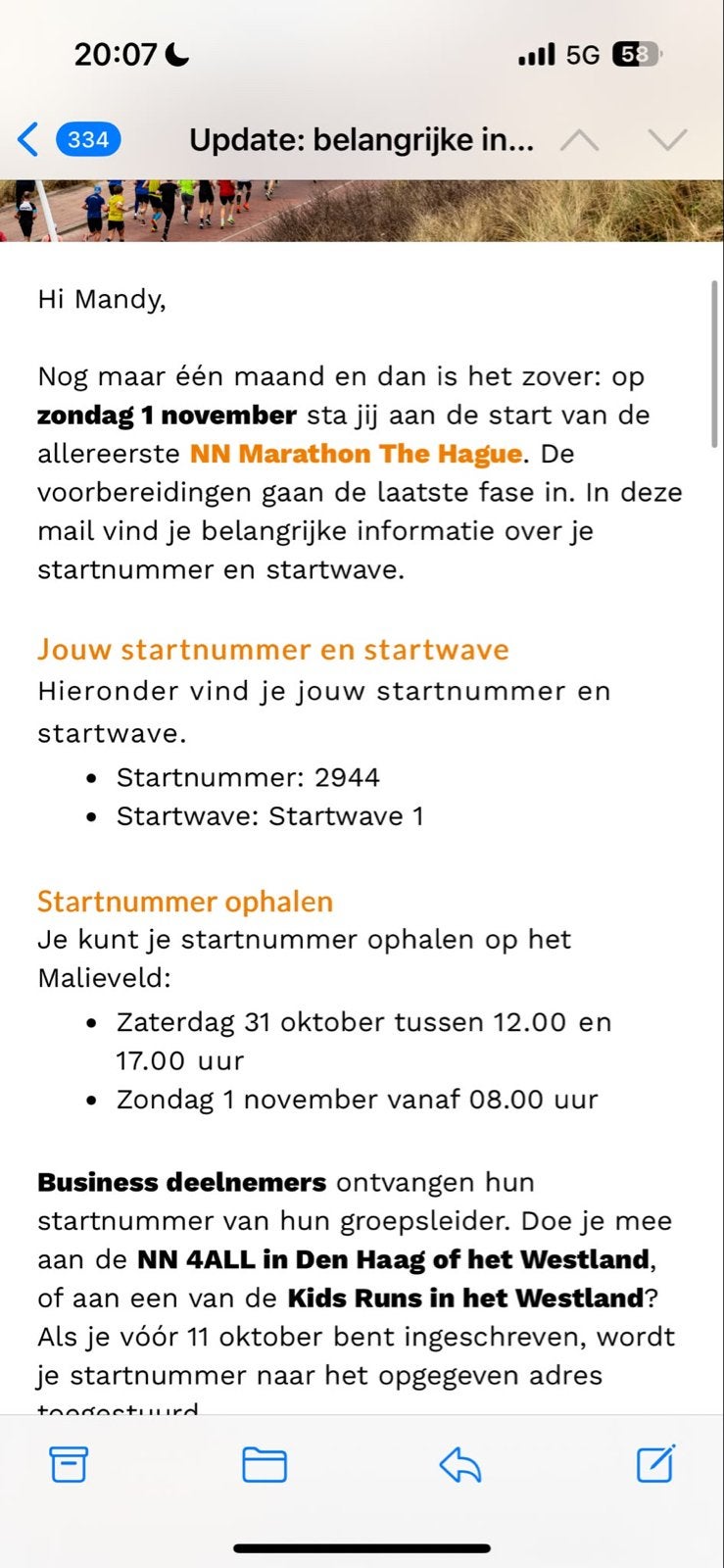 Startbewijs marathon Den Haag met locker voor je spullen, Eén persoon, November