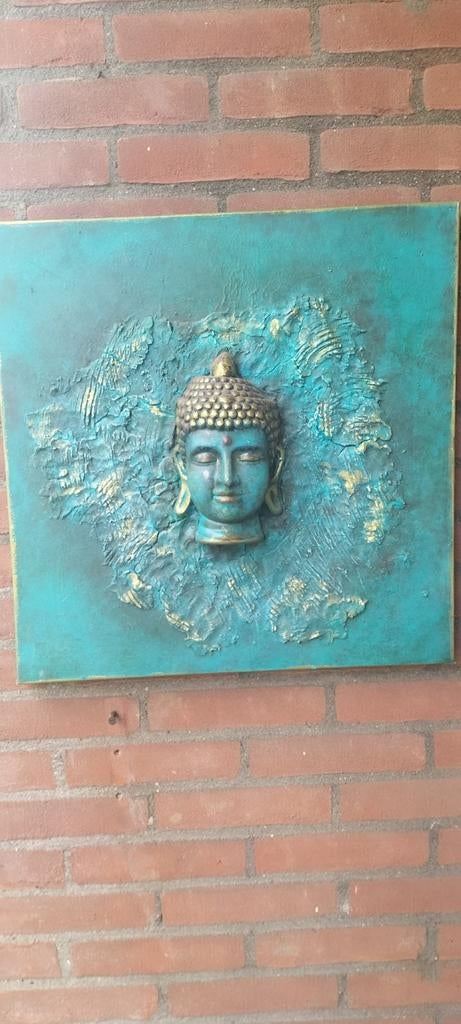 Boeddha Hoofd Canvas Schilderij - Turquoise & Goud, Ophalen