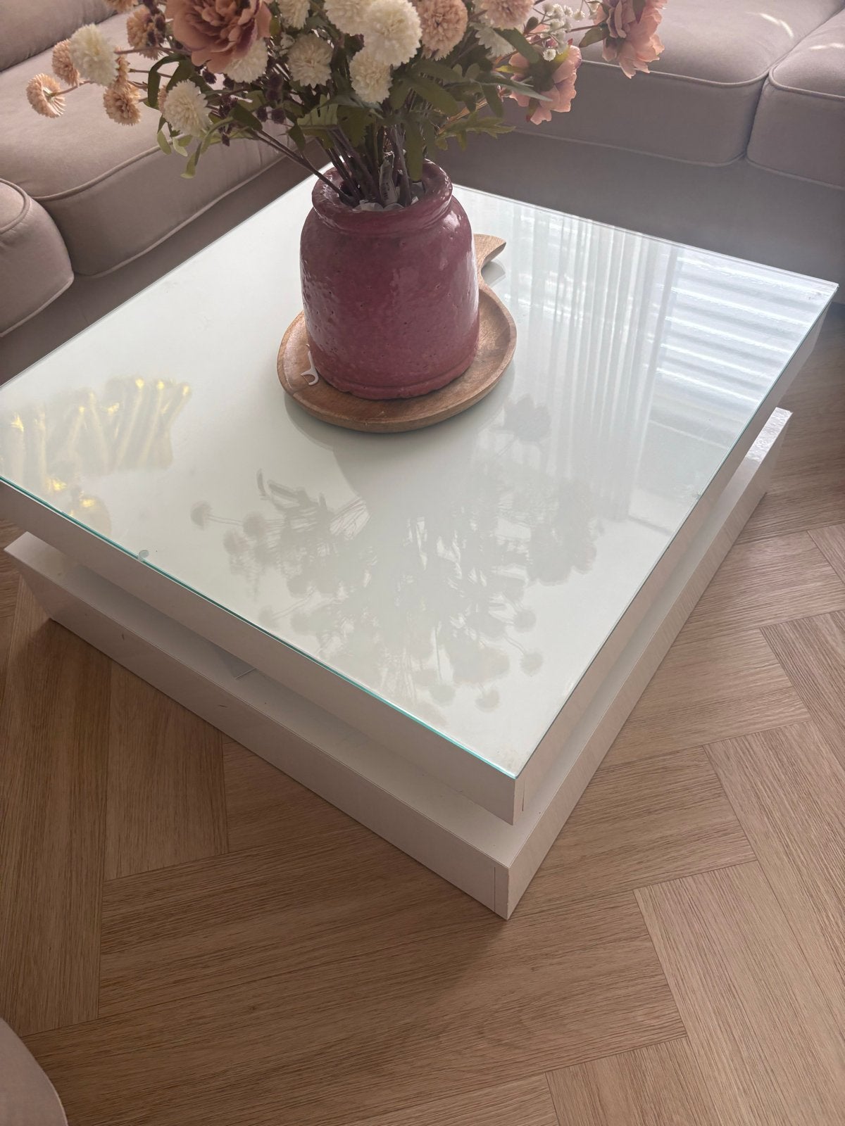 Eettafel en salontafel met glasplaat, Ophalen, 50 – 75, Gebruikt, 50 tot 100 cm