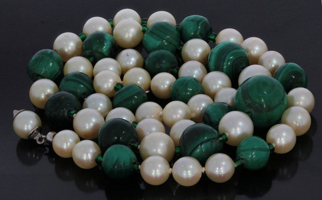 Malachiet parel edelsteen ketting 18k slot goud dames retro, Voordeelsieraden, Verzenden, Zo goed als nieuw, Met edelsteen