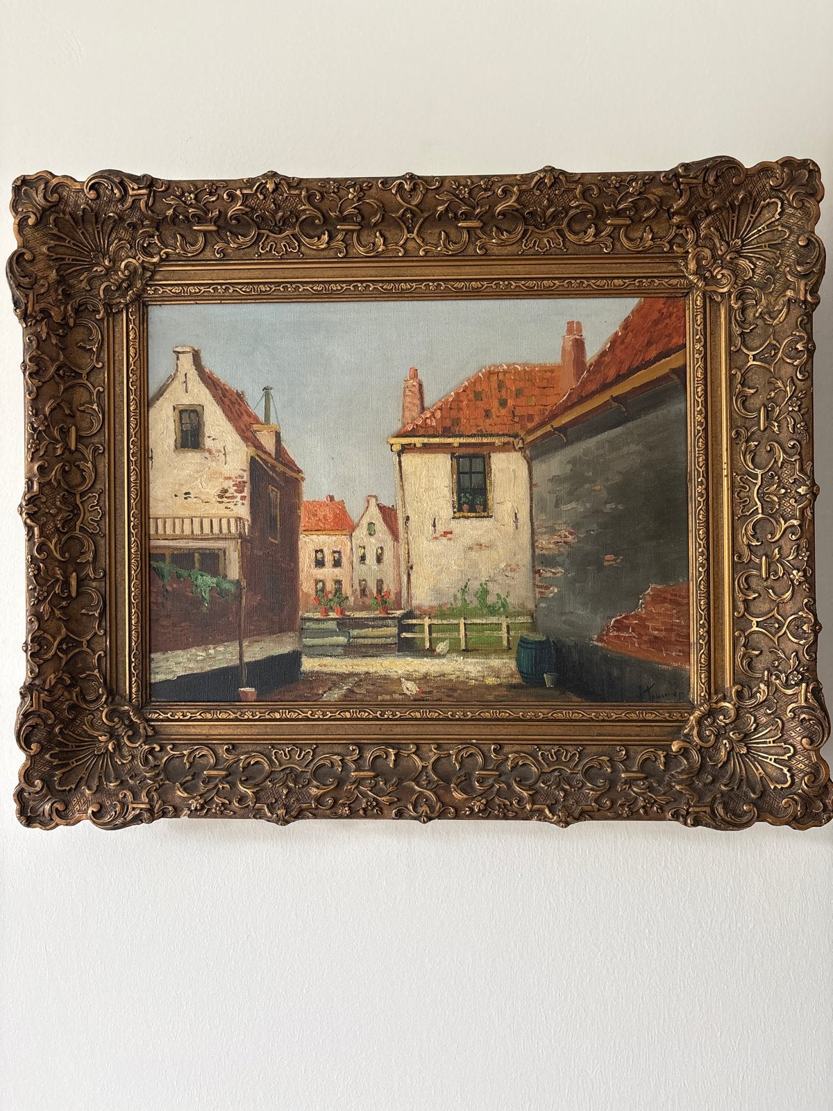 Oud Hollands Stadsgezicht Olieverf Schilderij met Barok Lijs, Doek, Oud hollands, Bijzondere lijst, Ophalen of Verzenden