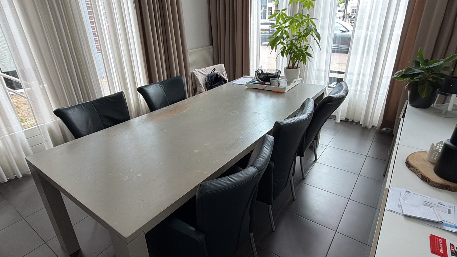 Eetkamertafel 260*110 en 6 leren stoelen., Ophalen, Gebruikt, 100 tot 150 cm, 200 cm of meer