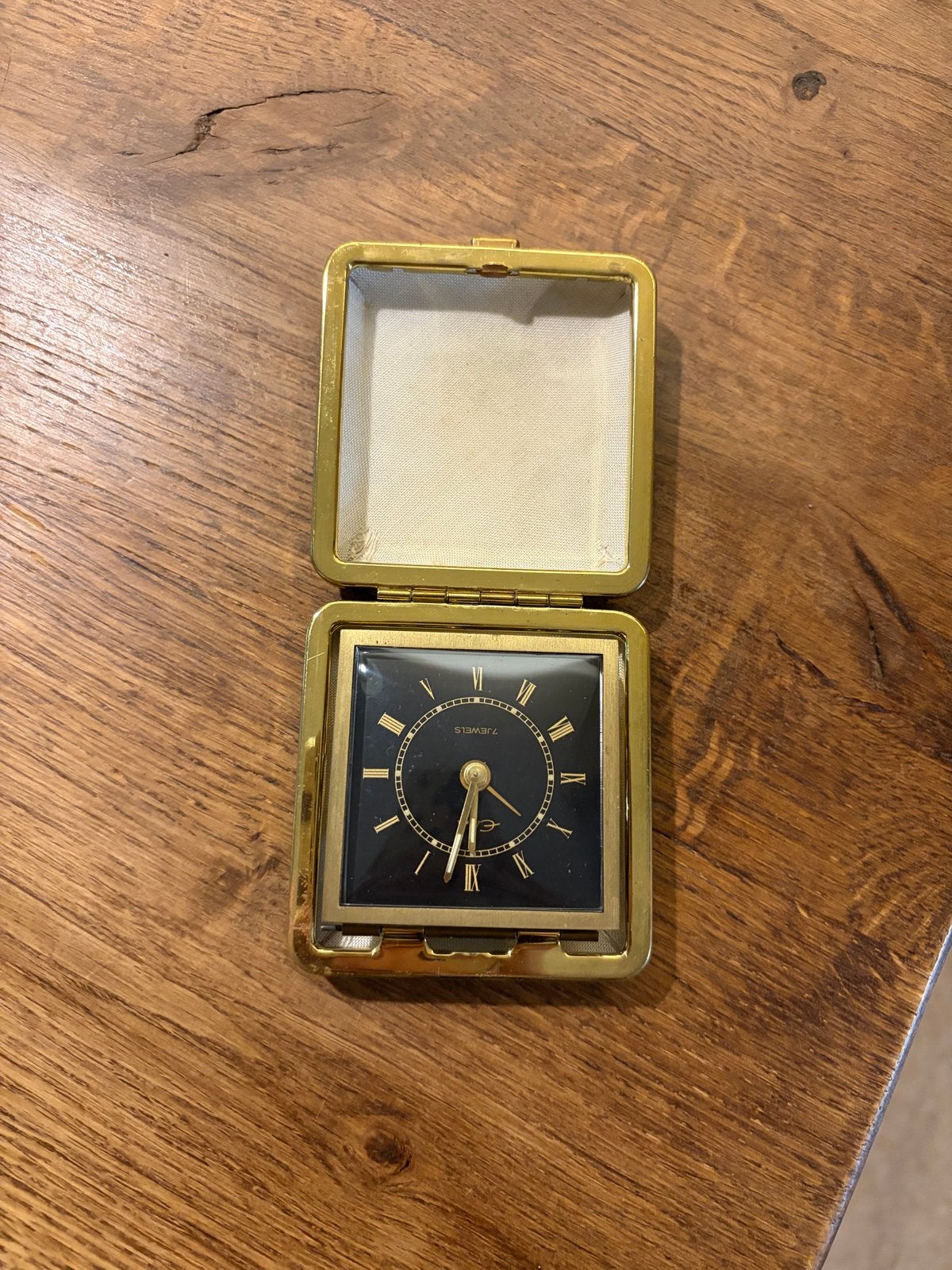 Vintage reiswekker 7 Jewels in leren etui, Ophalen