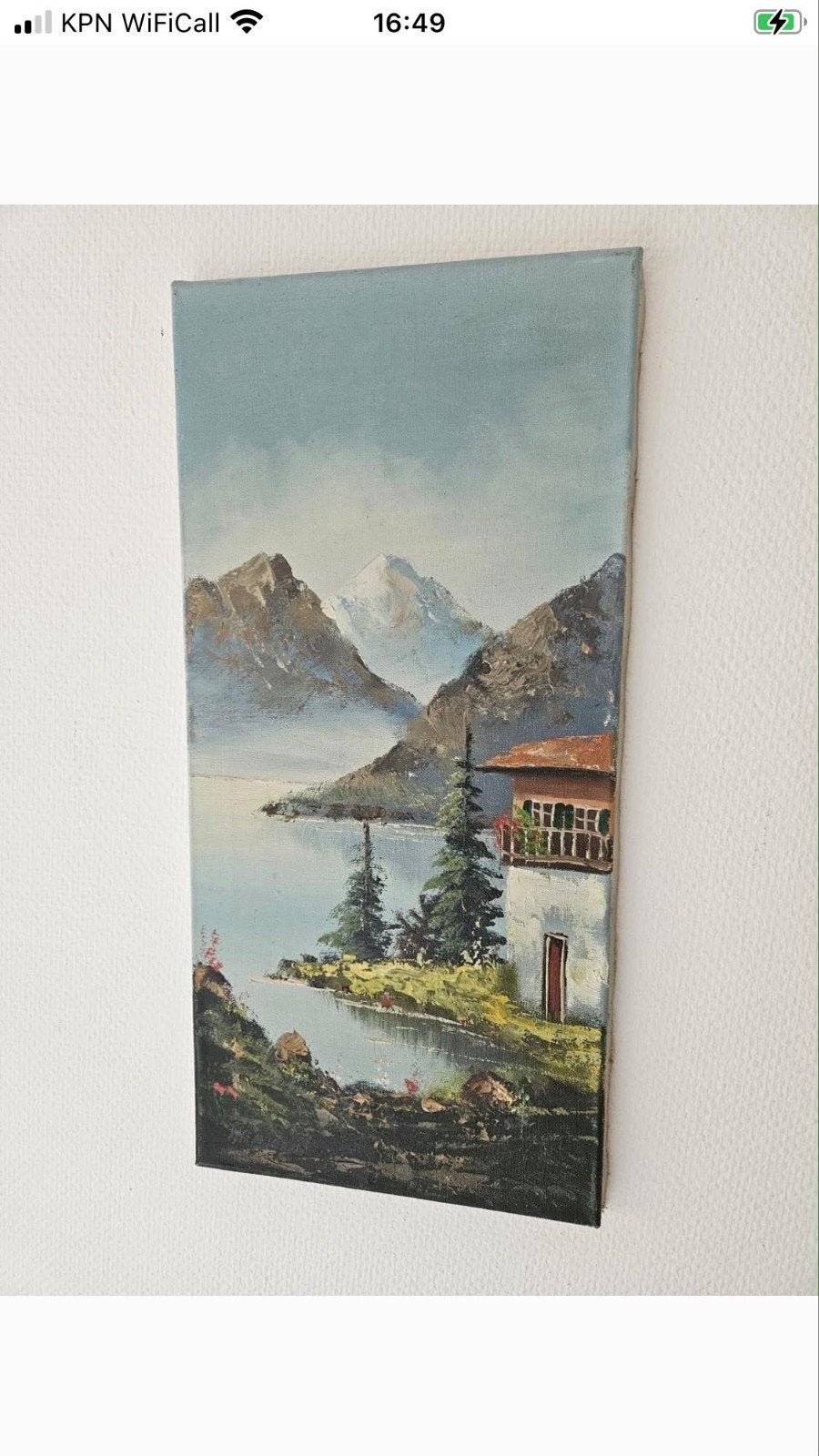 Schilderij berglandschap met meer en huisje, Ophalen, Doek, Realistisch, Landschap