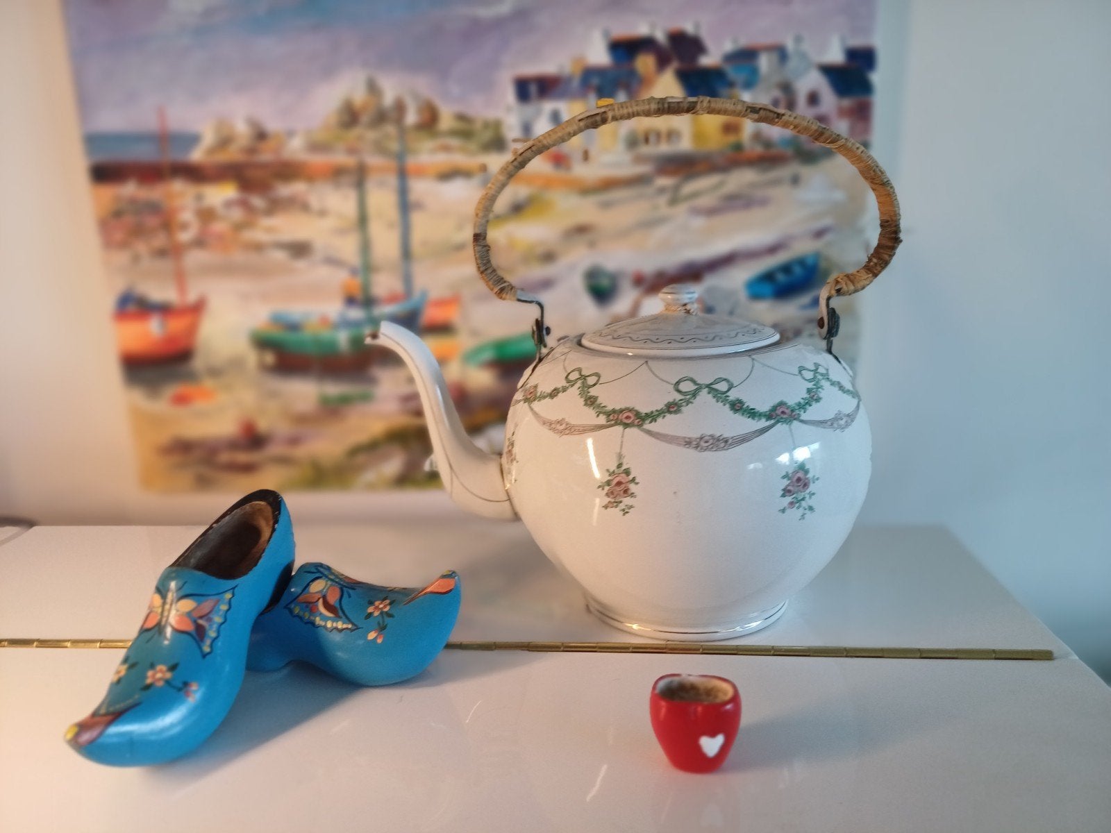 beigekleurige emaille chocoladekan, Ophalen of Verzenden