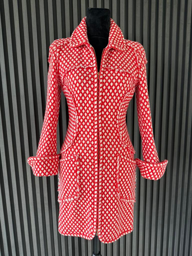 CHANEL Coat/Dress Red & White Tweed Fringe zipper closure 36, Ophalen of Verzenden, Maat 36 (S), Gedragen, Rood