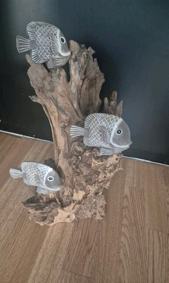 Decoratief houten vissen op stronk 24x48 cm, Hout, Gebruikt, Ophalen of Verzenden, Landelijk