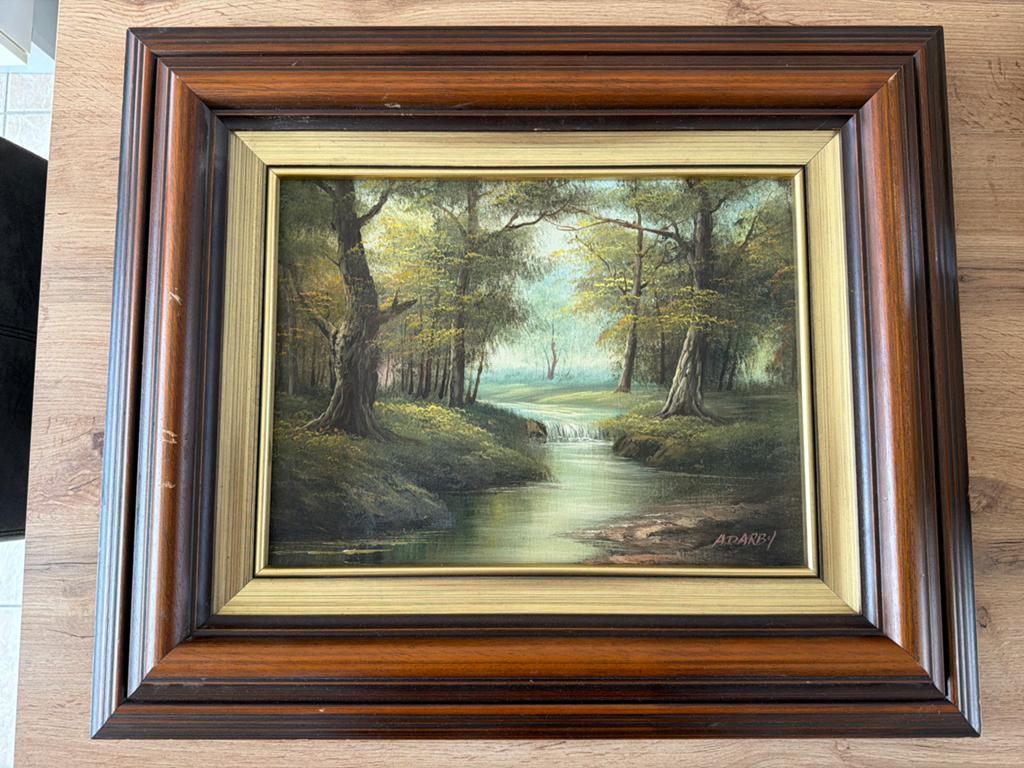 Schilderij A. Darby - Olie op doek, Boslandschap met beek, Antiek en Kunst, Ophalen of Verzenden