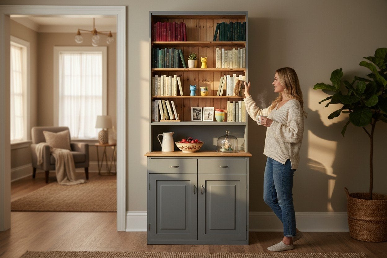 Landelijke buffet / vitrinekast – warme groene tint | Chivys, Landelijke / industrieel, 100 tot 150 cm, 200 cm of meer, Met lade(s)