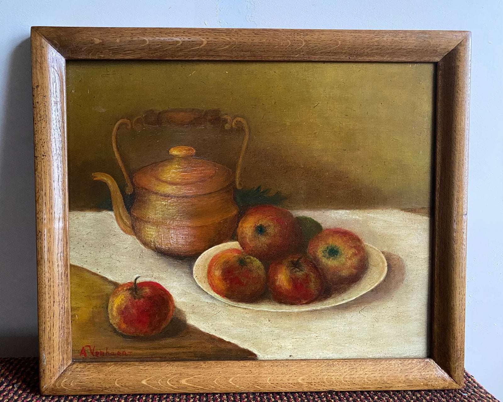 Klassiek stilleven met koperen ketel en appels, Ophalen of Verzenden