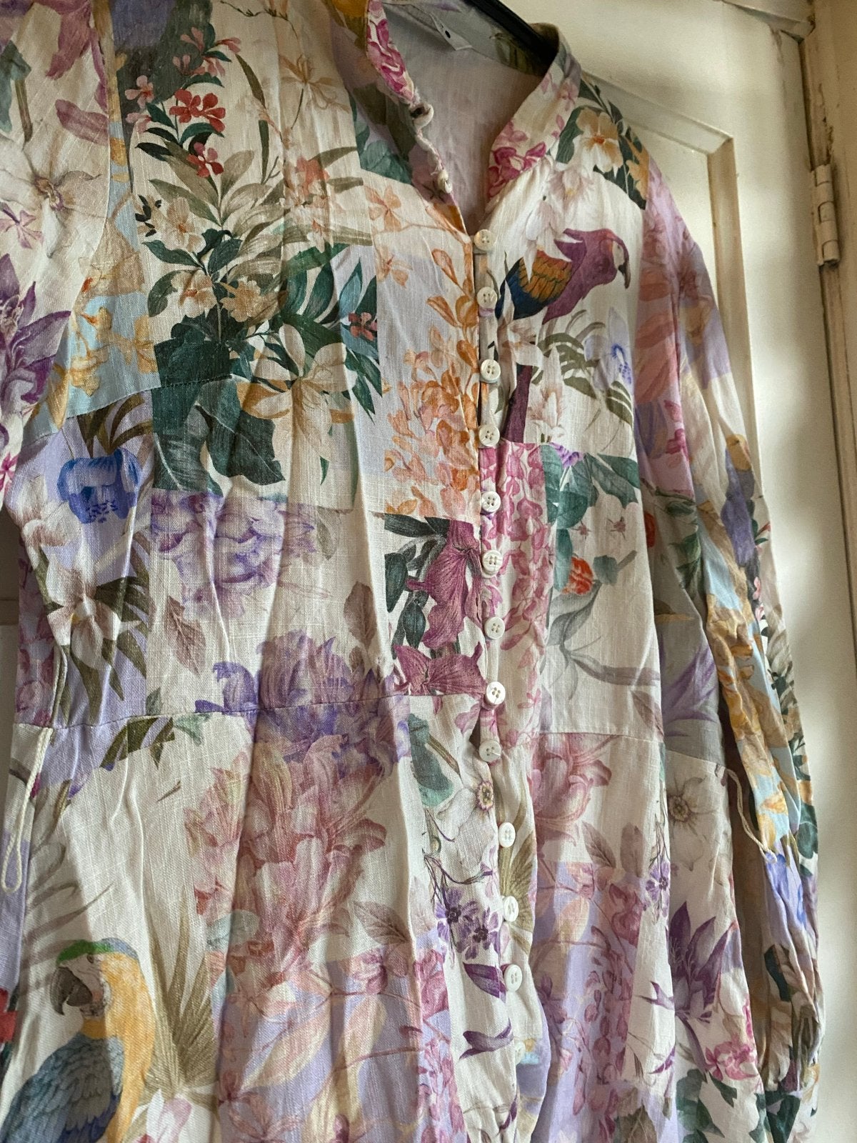 Zara blous met bloemen- en vogelprint, maat L, Ophalen of Verzenden, Zo goed als nieuw, Maat 42/44 (L), Meerkleurig