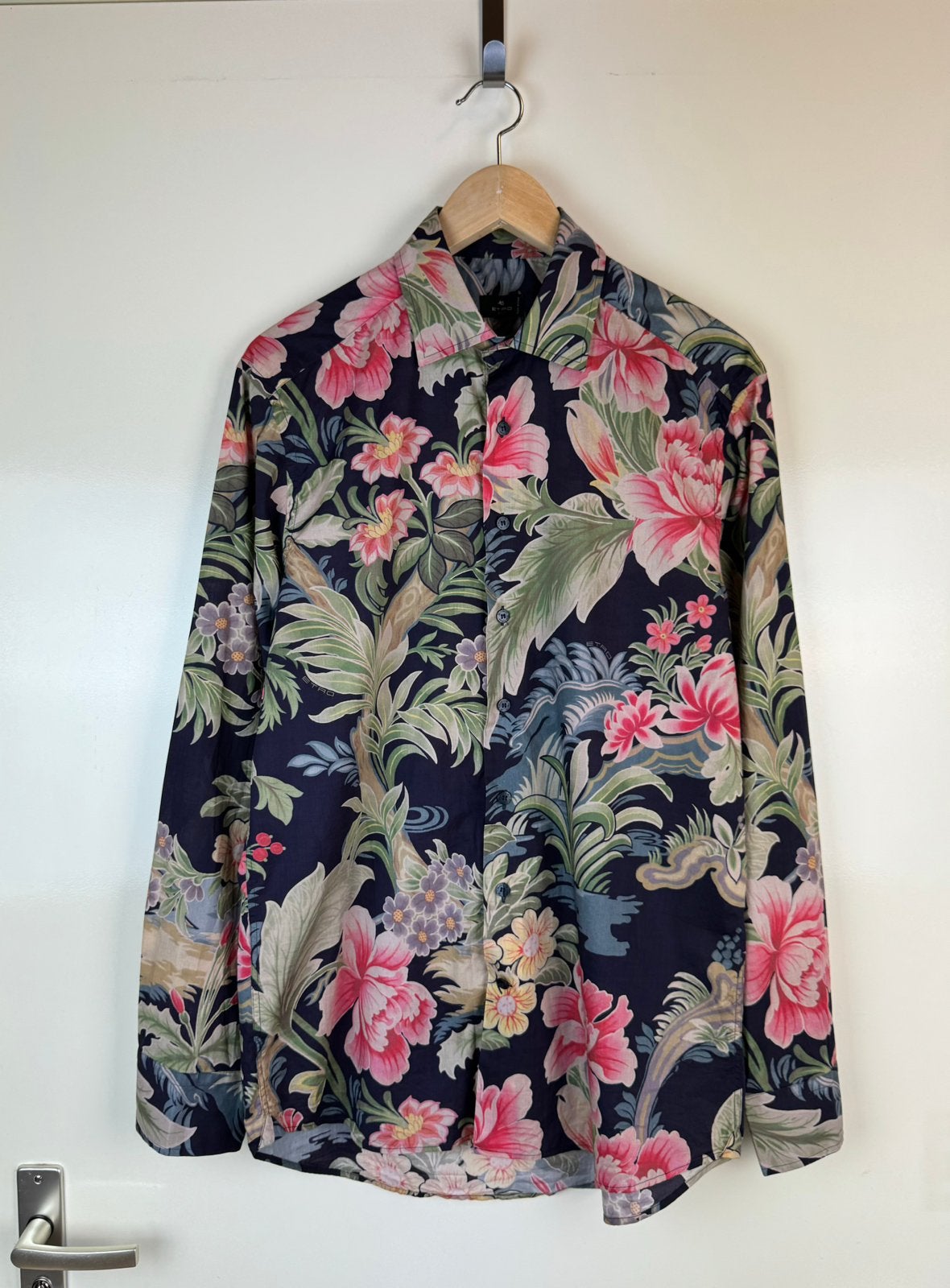 ETRO Cotton Multicolor Floral Blouse Shirt Logo Button S-M, Meerkleurig, Ophalen of Verzenden, Zo goed als nieuw, Lange mouw