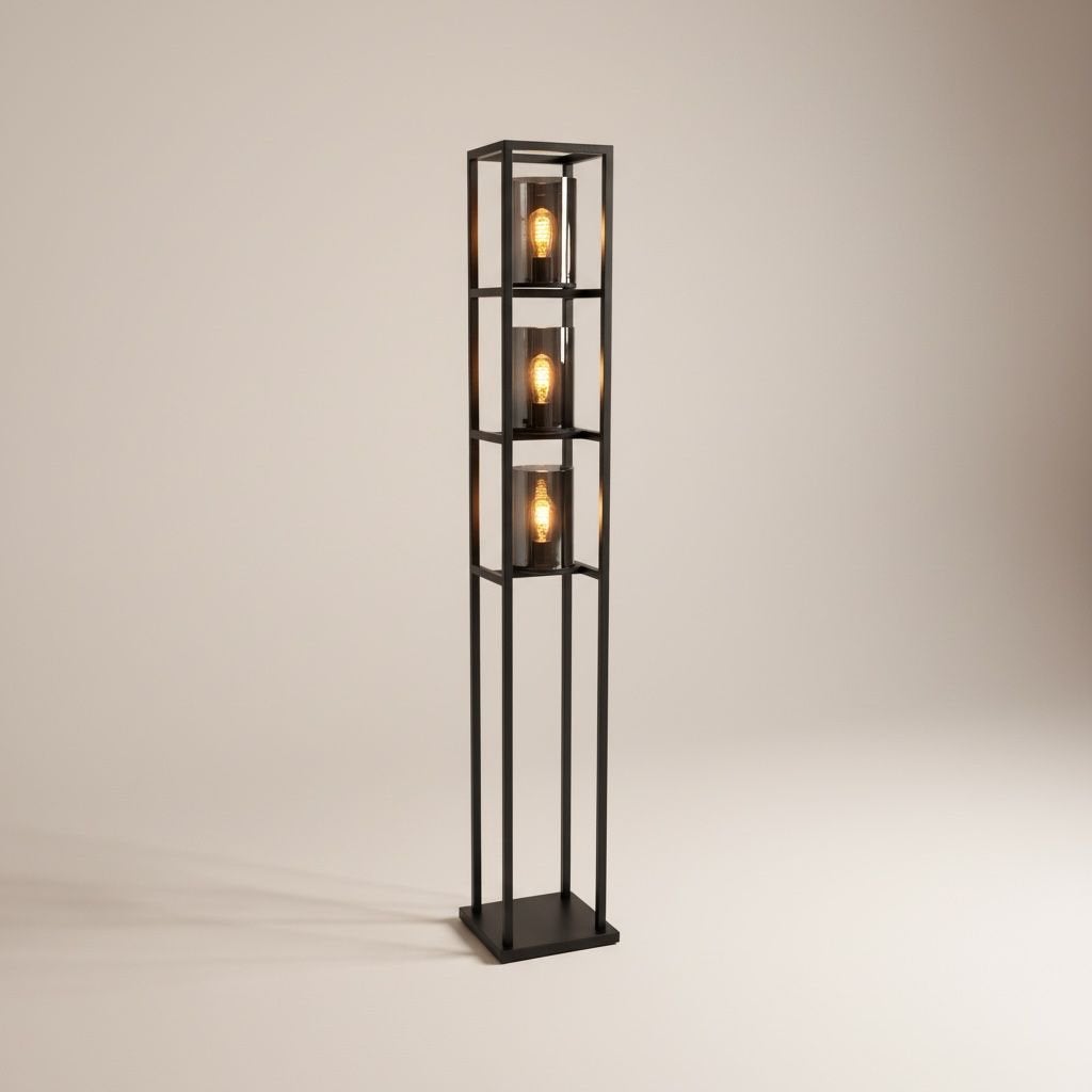 Industriële vloerlamp of hanglamp met smook glas en zwart fr, Glas, Nieuw, 150 tot 200 cm, E27 (groot)